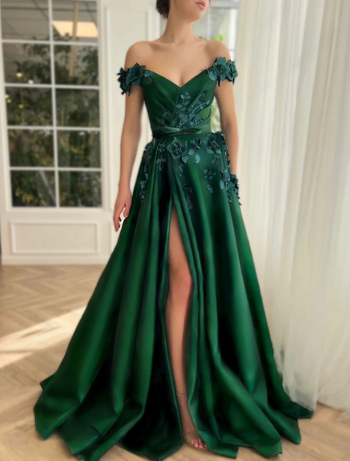 Ball Gown Prom Dresses Luxurious Dress Christmas Red Green Dress Wedding Party Floor Length Short Sleeve Off Shoulder Satin with Slit Appliques 2025